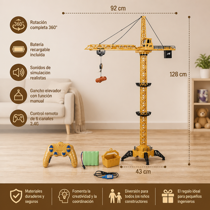 Grúa torre a control remoto – juguete de construcción con giro de 360° y función de elevación