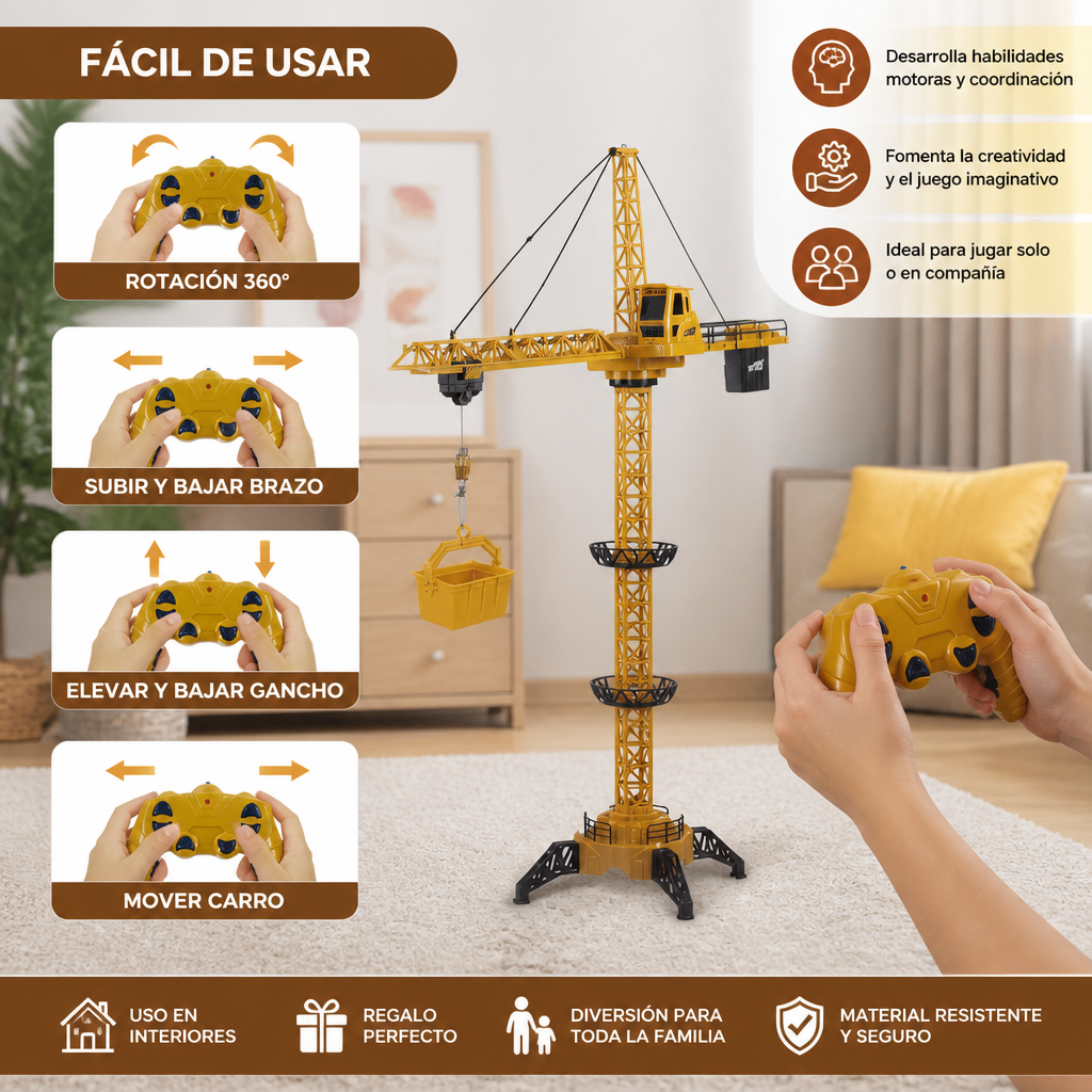 Grúa torre a control remoto – juguete de construcción con giro de 360° y función de elevación