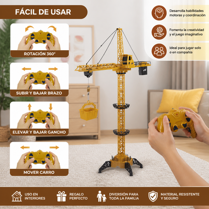 Grúa torre a control remoto – juguete de construcción con giro de 360° y función de elevación