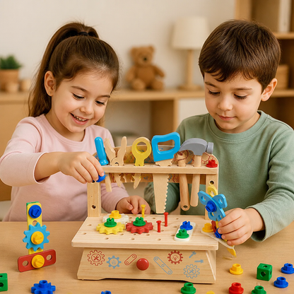 Banco de trabajo de madera para niños con set de herramientas – juguete educativo de construcción DIY para desarrollar la motricidad fina
