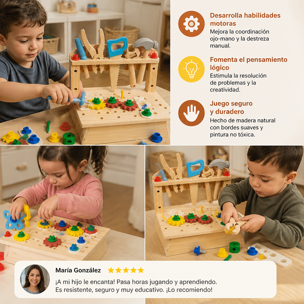 Banco de trabajo de madera para niños con set de herramientas – juguete educativo de construcción DIY para desarrollar la motricidad fina