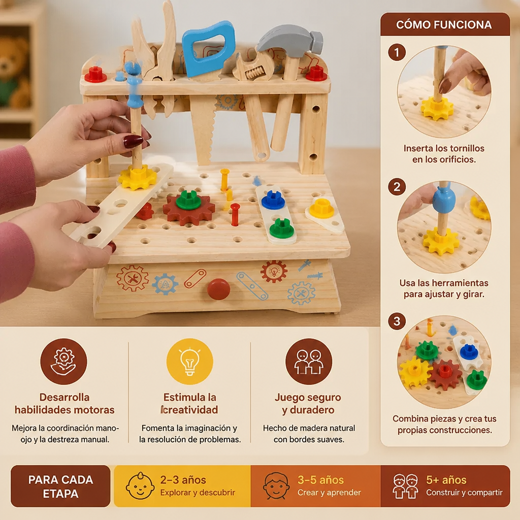 Banco de trabajo de madera para niños con set de herramientas – juguete educativo de construcción DIY para desarrollar la motricidad fina