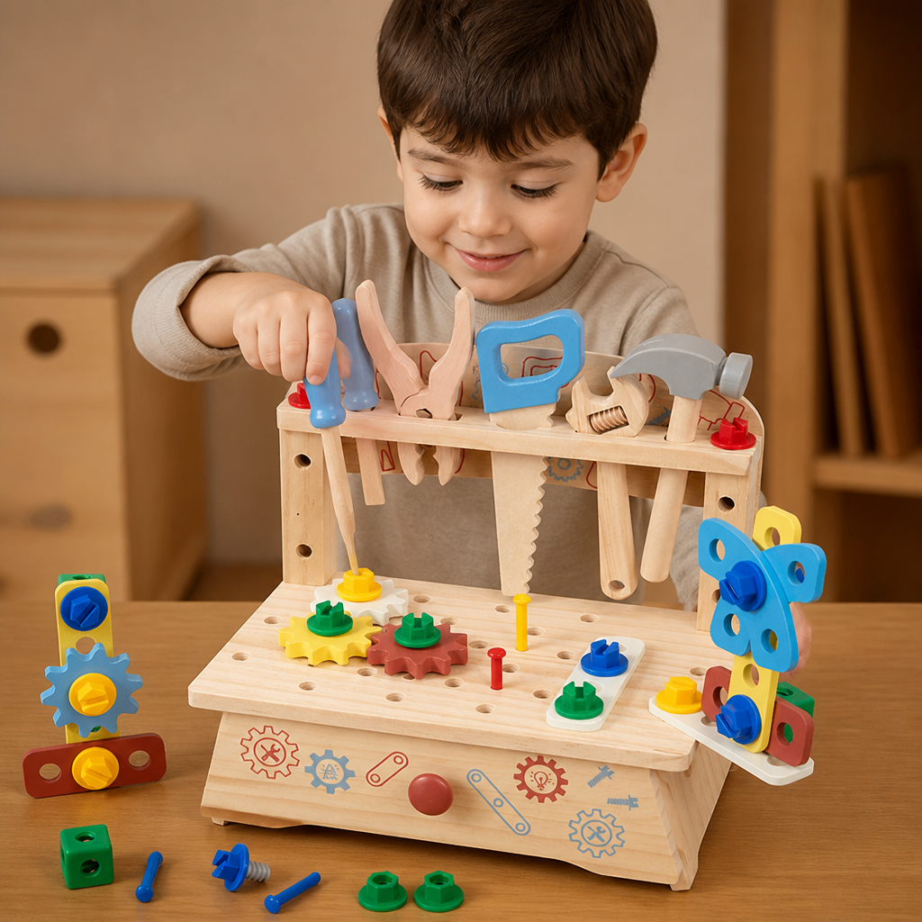 Banco de trabajo de madera para niños con set de herramientas – juguete educativo de construcción DIY para desarrollar la motricidad fina