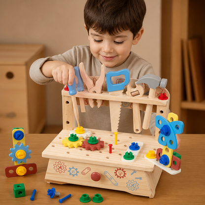 Banco de trabajo de madera para niños con set de herramientas – juguete educativo de construcción DIY para desarrollar la motricidad fina