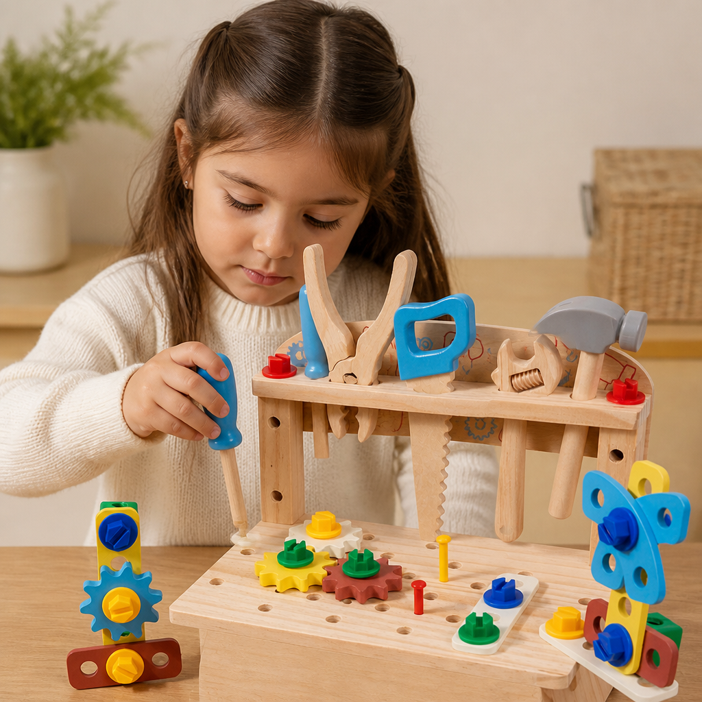 Banco de trabajo de madera para niños con set de herramientas – juguete educativo de construcción DIY para desarrollar la motricidad fina