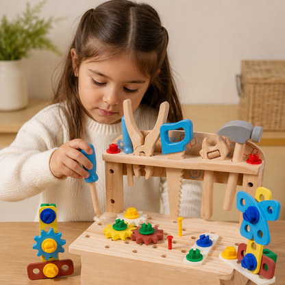 Banco de trabajo de madera para niños con set de herramientas – juguete educativo de construcción DIY para desarrollar la motricidad fina