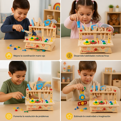 Banco de trabajo de madera para niños con set de herramientas – juguete educativo de construcción DIY para desarrollar la motricidad fina