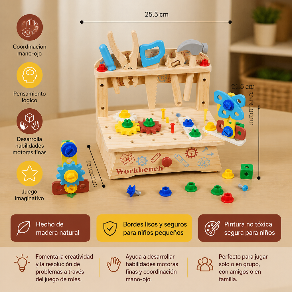 Banco de trabajo de madera para niños con set de herramientas – juguete educativo de construcción DIY para desarrollar la motricidad fina