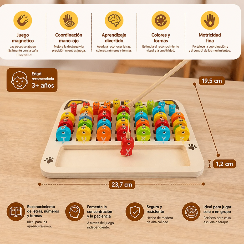 Juego de Pesca Magnética de Madera – Juguete Educativo Infantil para Aprender el Abecedario, las Matemáticas y Desarrollar la Motricidad Fina