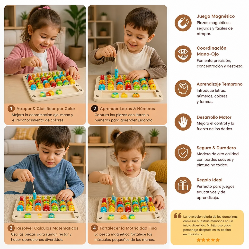 Juego de Pesca Magnética de Madera – Juguete Educativo Infantil para Aprender el Abecedario, las Matemáticas y Desarrollar la Motricidad Fina