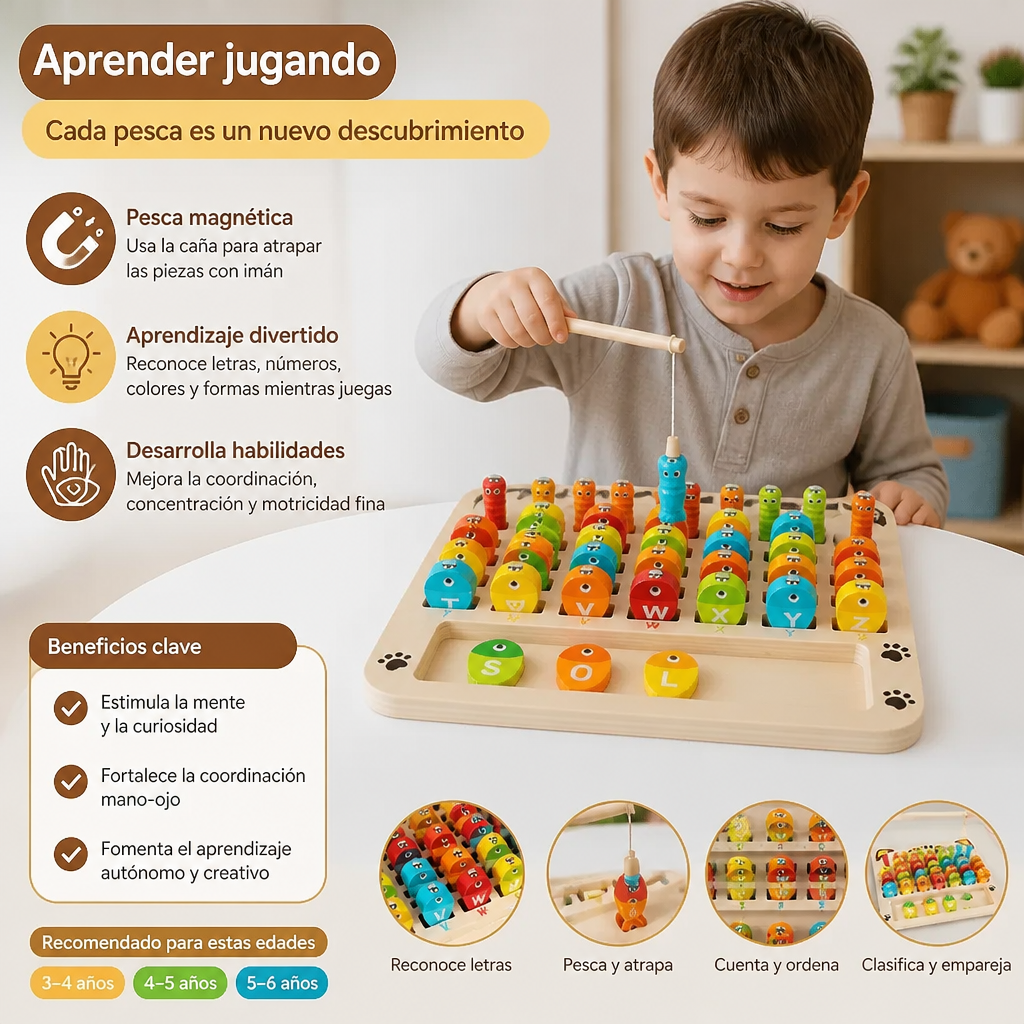 Juego de Pesca Magnética de Madera – Juguete Educativo Infantil para Aprender el Abecedario, las Matemáticas y Desarrollar la Motricidad Fina