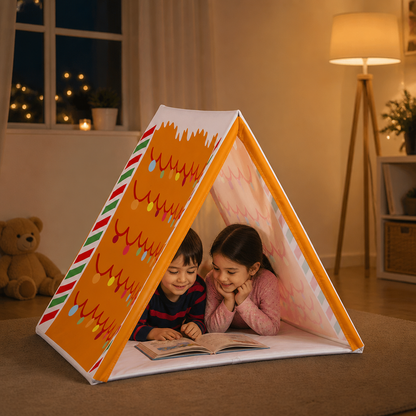Tienda de juegos navideña con diseño de casita de jengibre para niños
