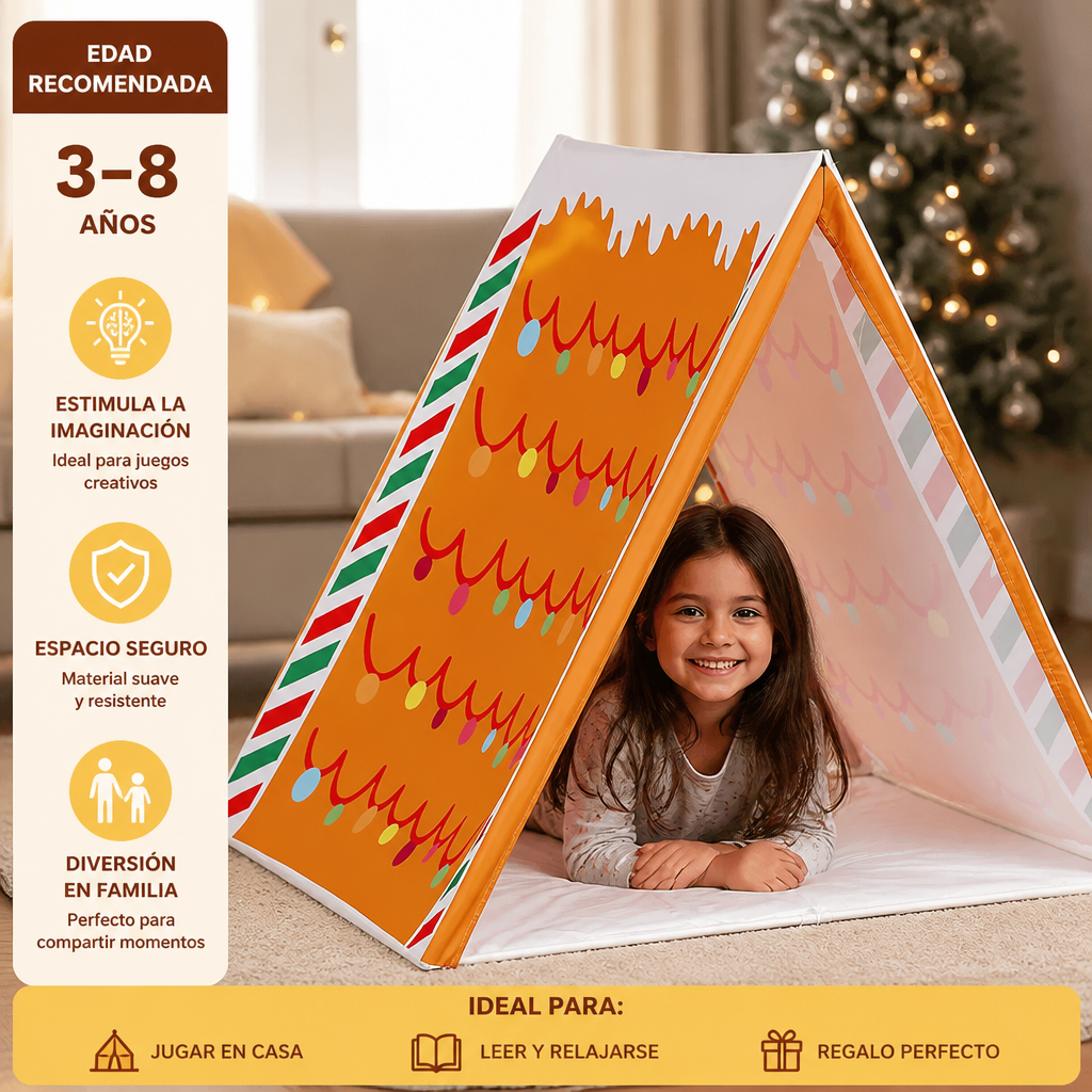 Tienda de juegos navideña con diseño de casita de jengibre para niños