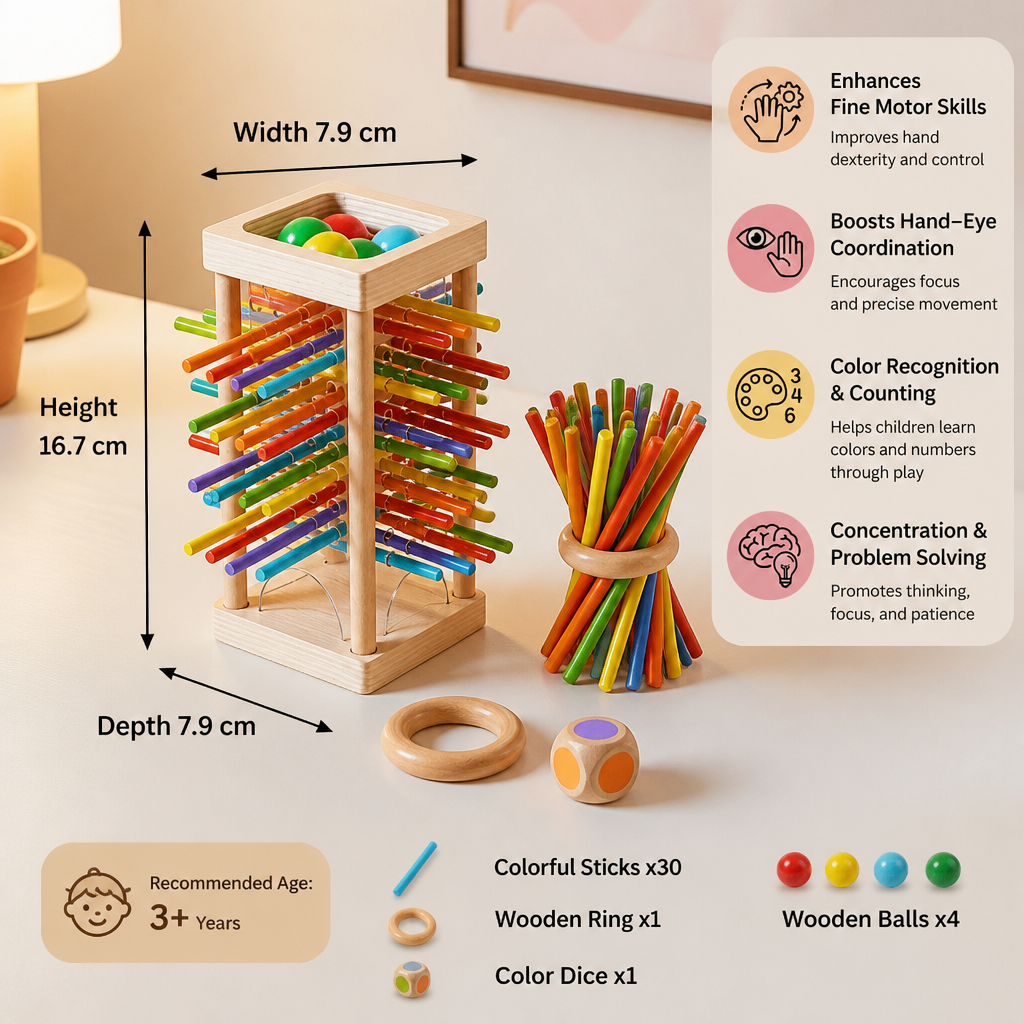 Juego educativo de destreza de madera 3 en 1 con bolas y palitos