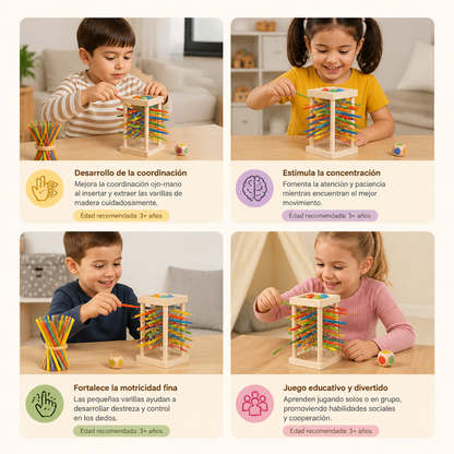 Juego educativo de destreza de madera 3 en 1 con bolas y palitos