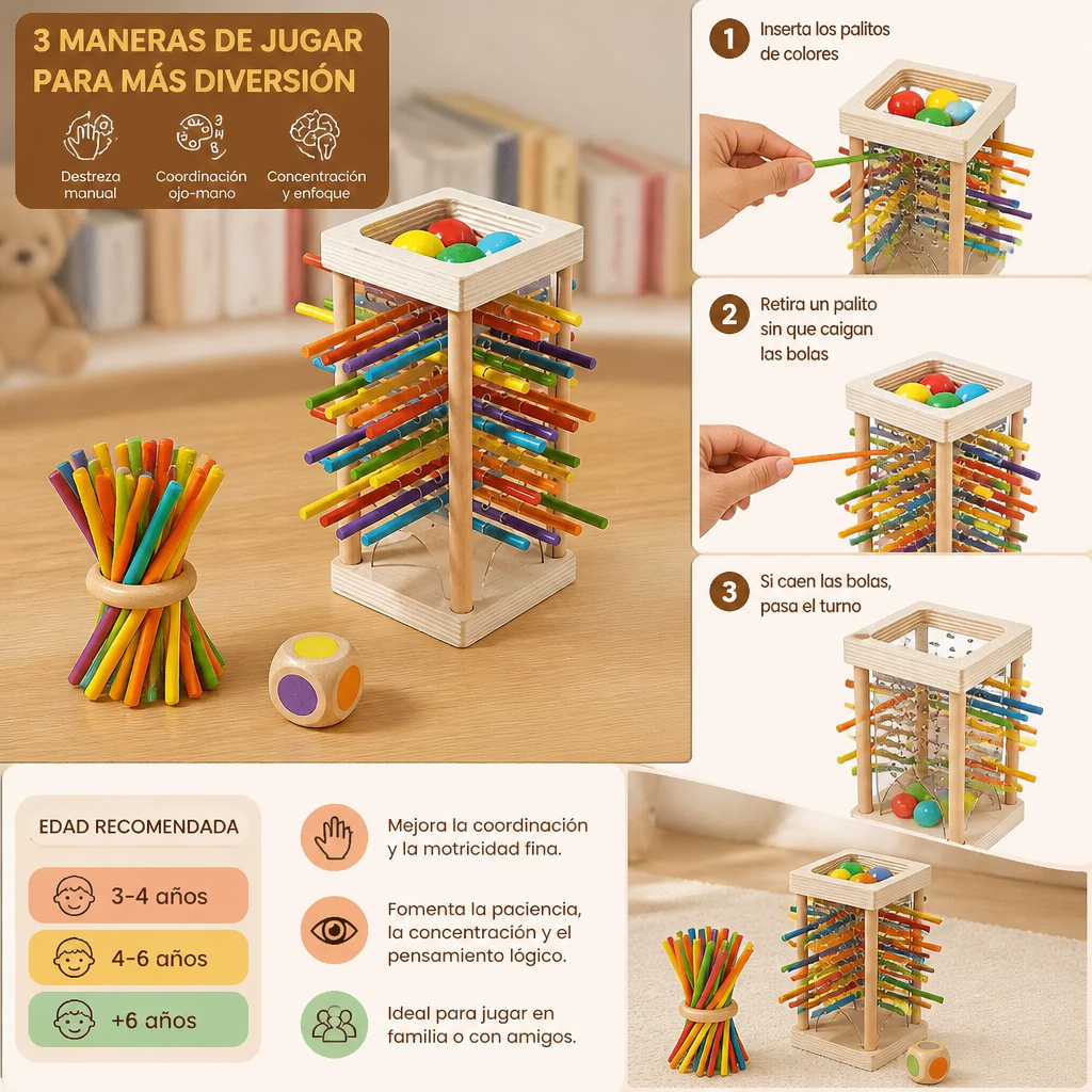 Juego educativo de destreza de madera 3 en 1 con bolas y palitos