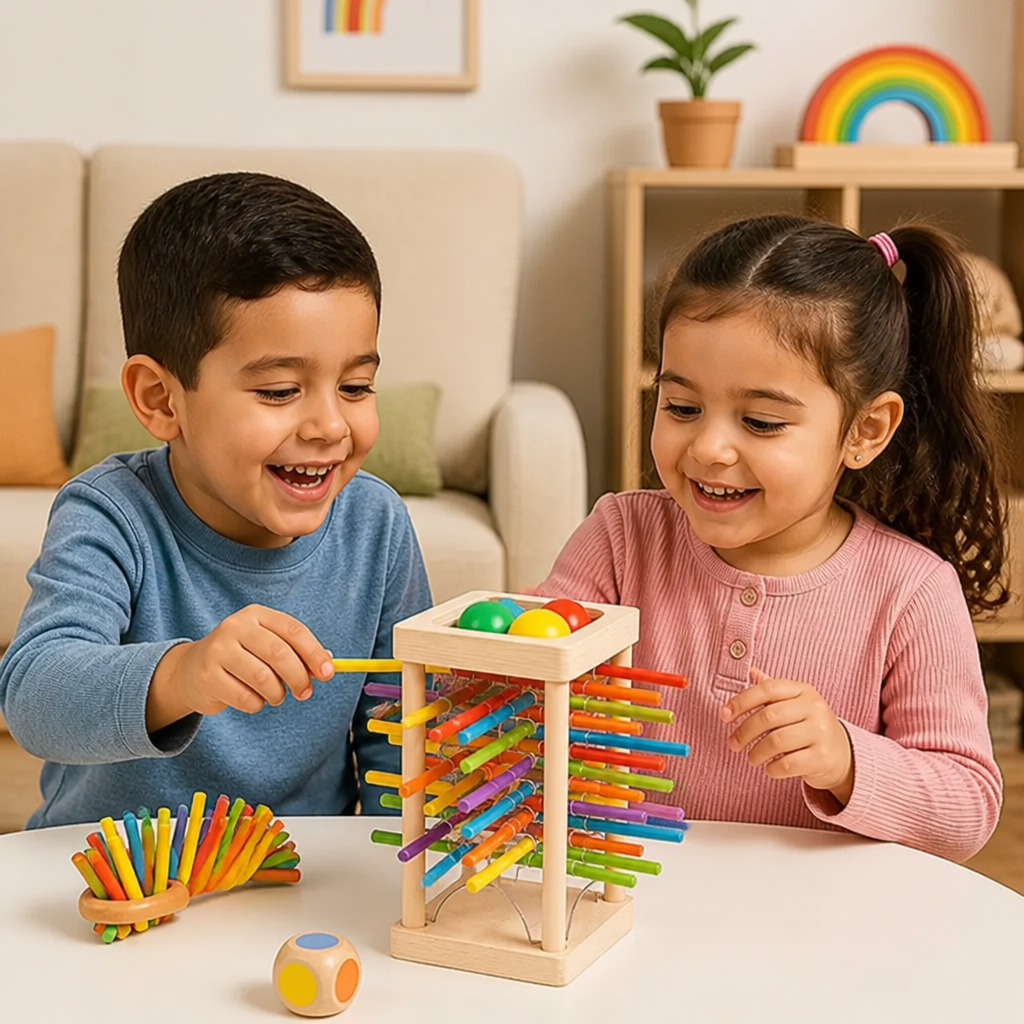 Juego educativo de destreza de madera 3 en 1 con bolas y palitos