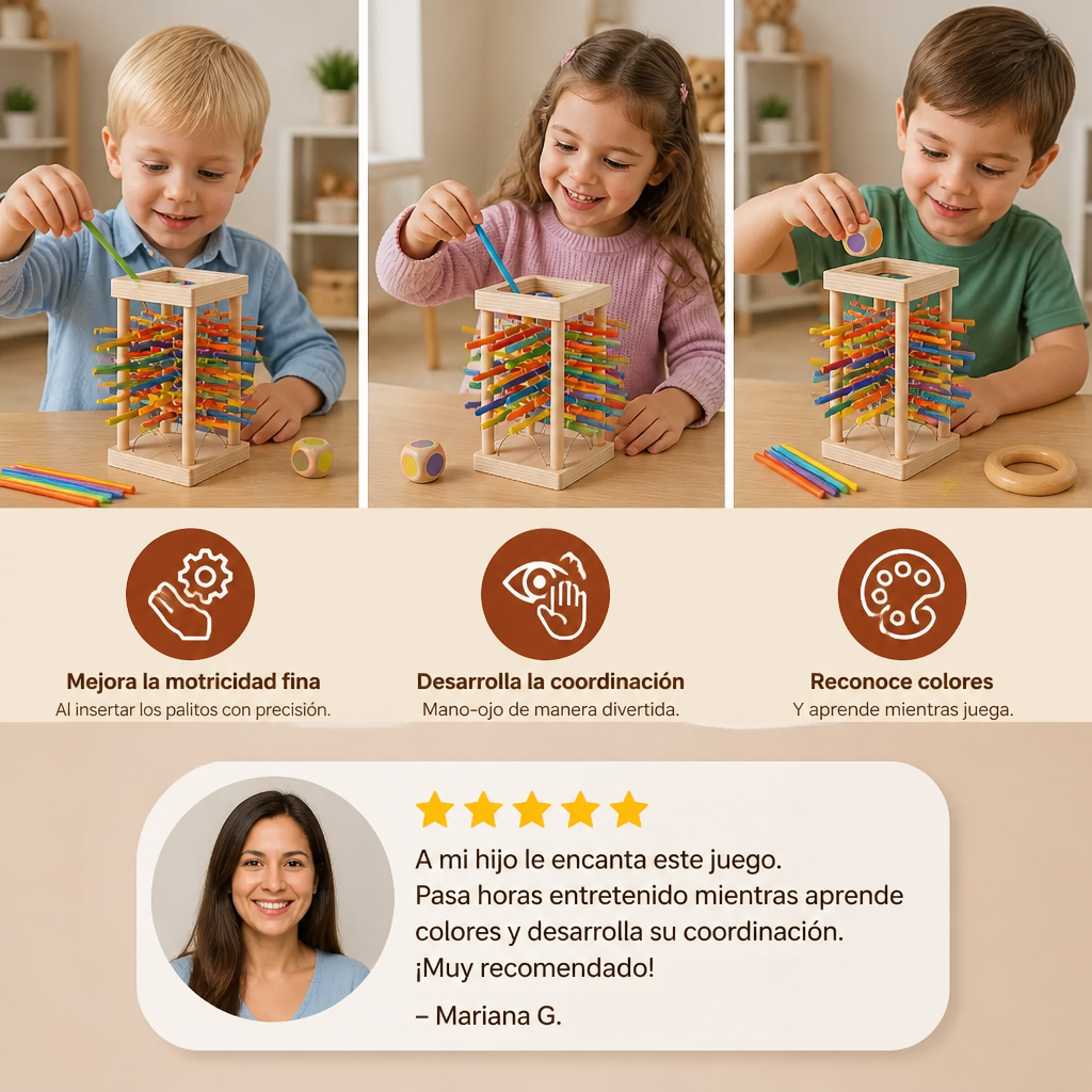 Juego educativo de destreza de madera 3 en 1 con bolas y palitos
