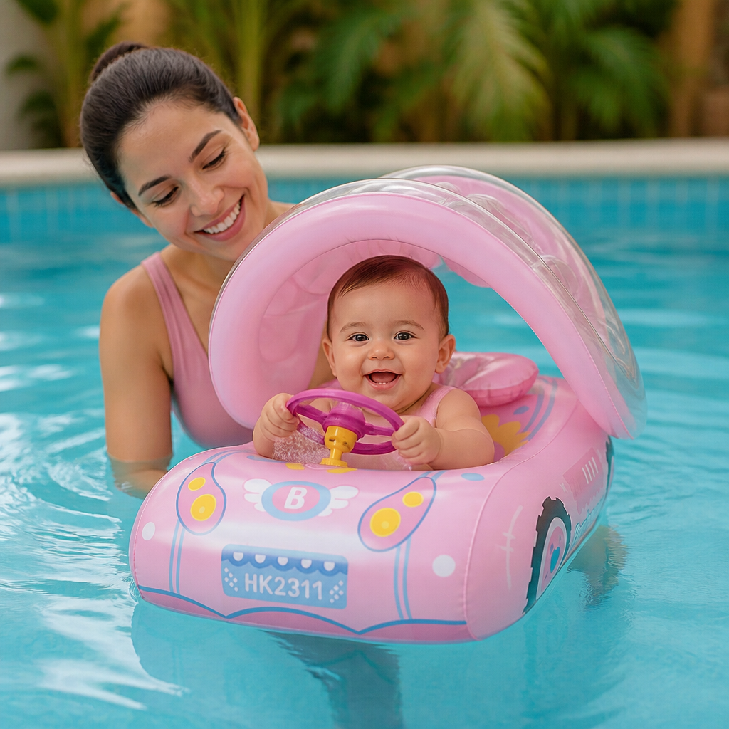 Flotador inflable para bebé en forma de coche con toldo solar