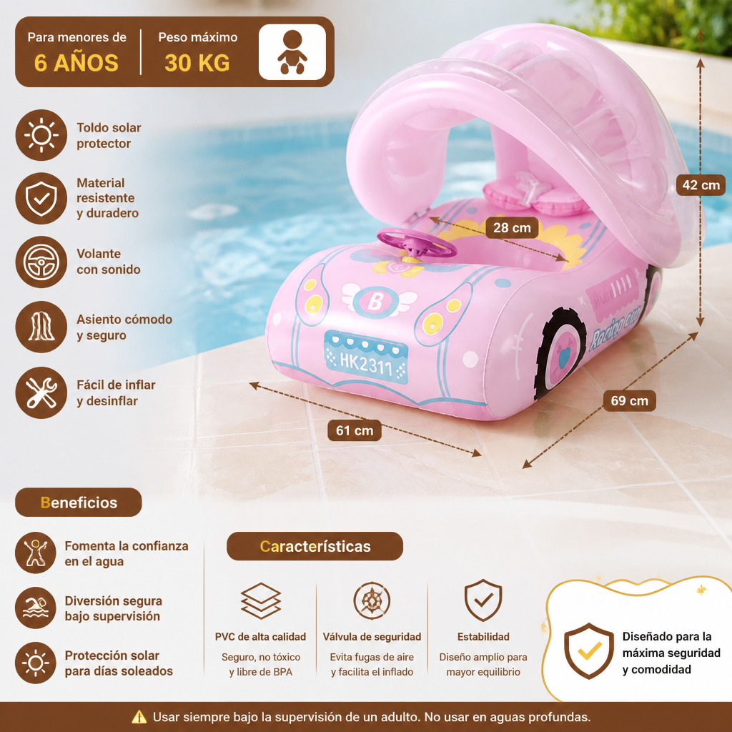 Flotador inflable para bebé en forma de coche con toldo solar