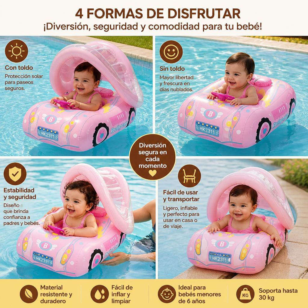 Flotador inflable para bebé en forma de coche con toldo solar