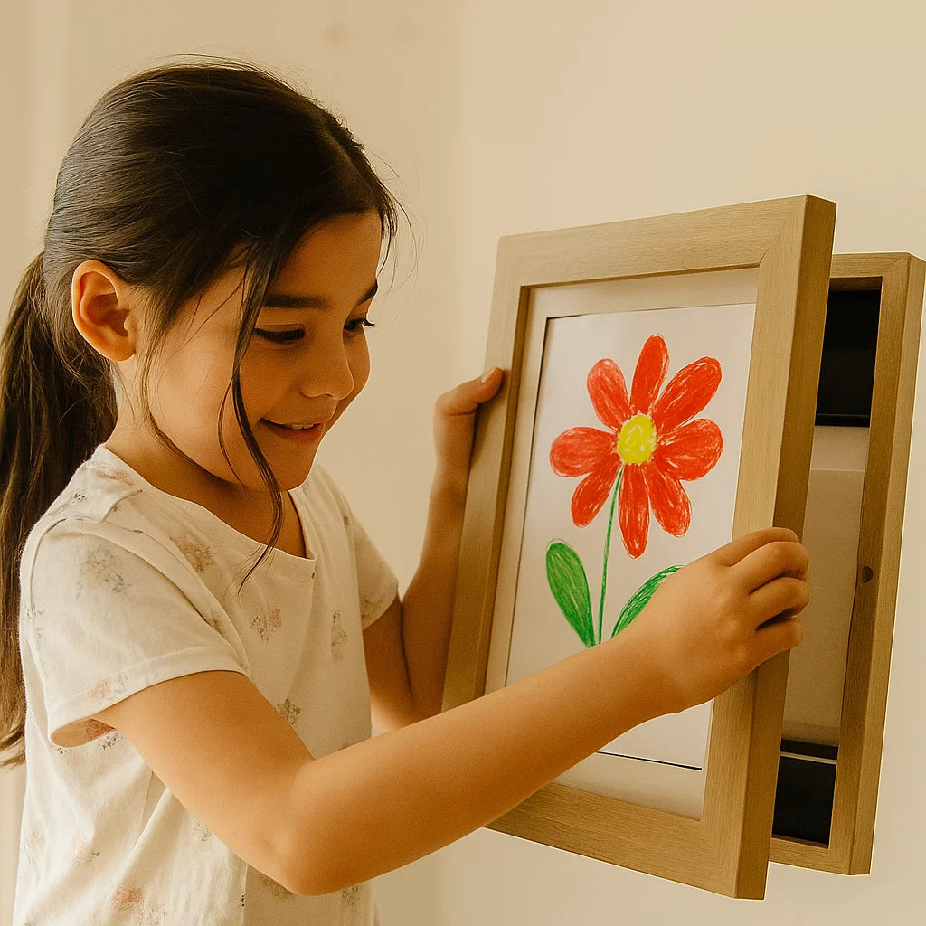 Marco de exhibición de arte infantil ⎜ Marco de fotos abatible con espacio de almacenamiento para dibujos y proyectos creativos