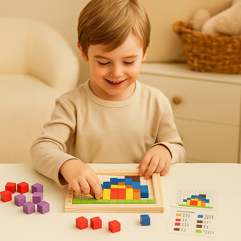 Juego de rompecabezas de píxeles de madera para niños | Bloques de clasificación de colores con tablero de cuadrícula para la lógica y el patrón Matchin