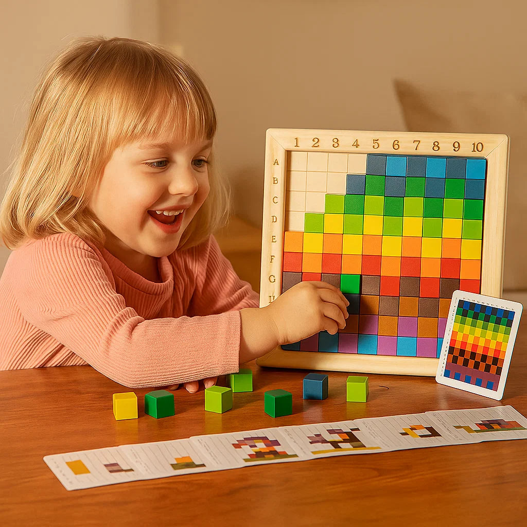 Juego de rompecabezas de píxeles de madera para niños | Bloques de clasificación de colores con tablero de cuadrícula para la lógica y el patrón Matchin