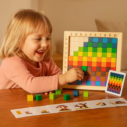 Juego de rompecabezas de píxeles de madera para niños | Bloques de clasificación de colores con tablero de cuadrícula para la lógica y el patrón Matchin