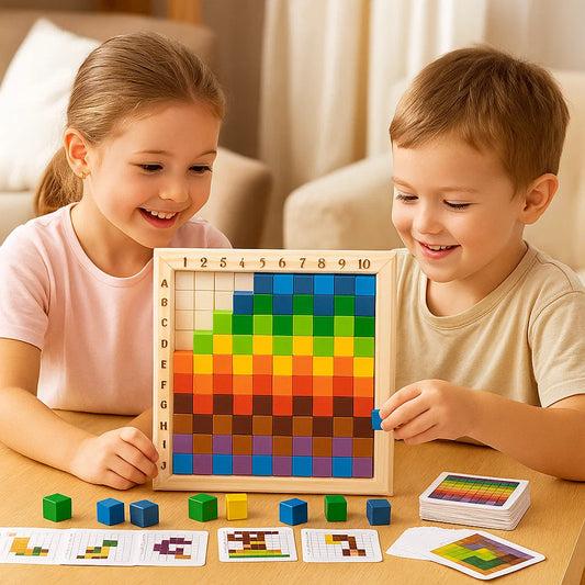 Juego de rompecabezas de píxeles de madera para niños | Bloques de clasificación de colores con tablero de cuadrícula para la lógica y el patrón Matchin