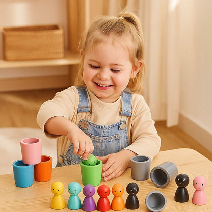 Juguete de madera de colores para niños | Juego de clasificación con muñecos de clavijas y tazas para la motricidad fina y el aprendizaje visual