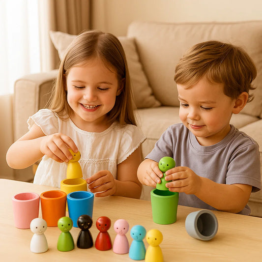 Juguete de madera de colores para niños | Juego de clasificación con muñecos de clavijas y tazas para la motricidad fina y el aprendizaje visual