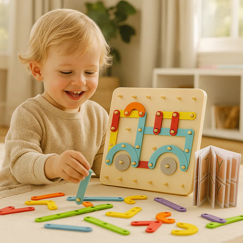 Puzzle de tablero de clavijas Montessori para niños | Juguete creativo de combinar formas con letras y números para el aprendizaje temprano