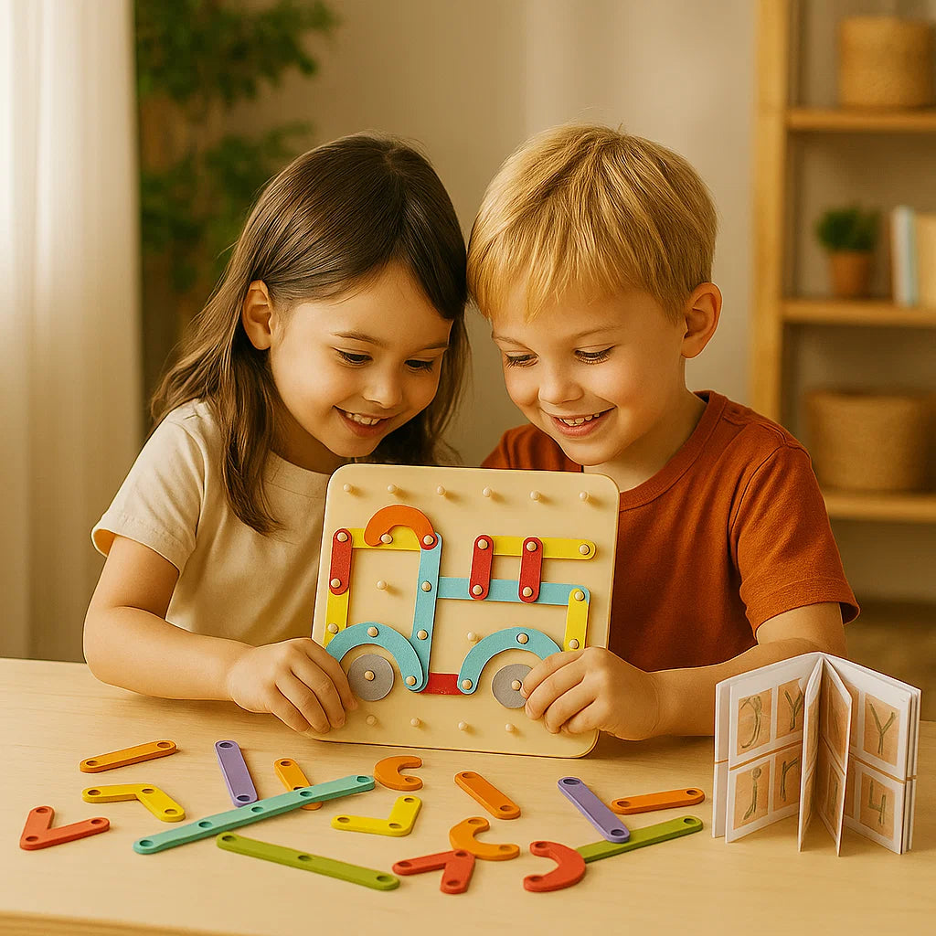 Puzzle de tablero de clavijas Montessori para niños | Juguete creativo de combinar formas con letras y números para el aprendizaje temprano