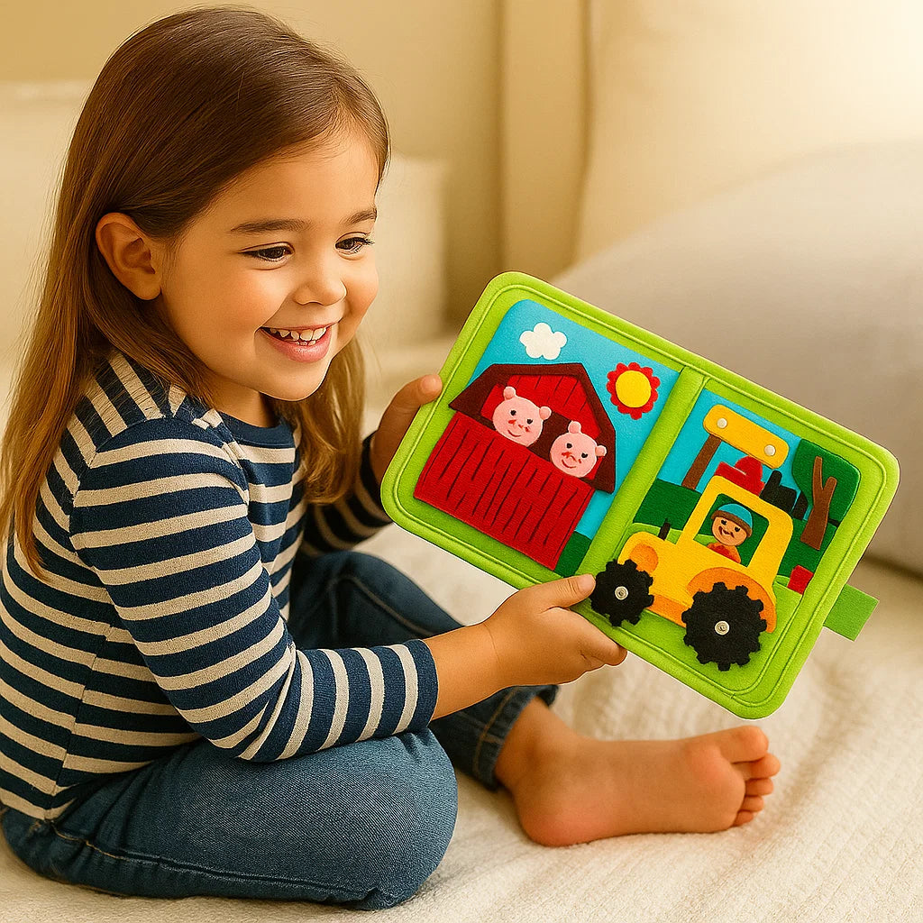 Libro educativo de cuentos de granja para niños pequeños | Libro de actividades de fieltro suave para el aprendizaje de animales y habilidades motoras finas