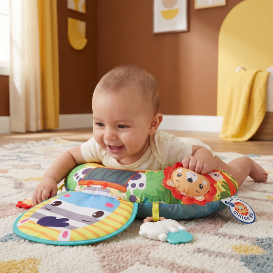 Almohada de Entrenamiento para Bebés para el Tiempo Boca Abajo con Arco de Juego – Apoya el Desarrollo Sensorial y el Crecimiento Temprano