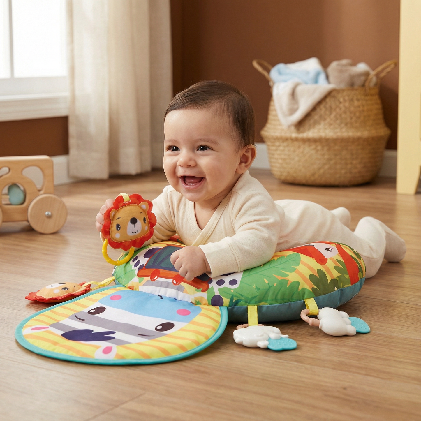Almohada de Entrenamiento para Bebés para el Tiempo Boca Abajo con Arco de Juego – Apoya el Desarrollo Sensorial y el Crecimiento Temprano