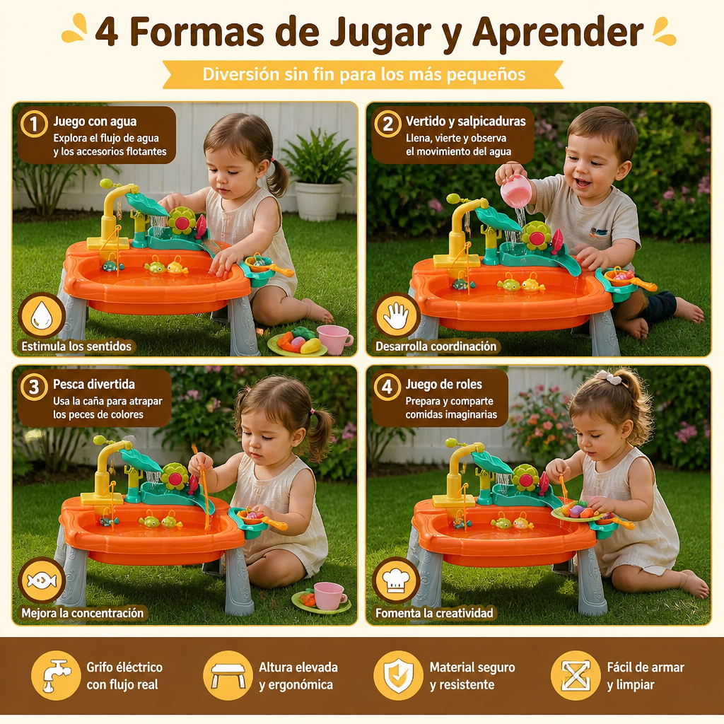 Cocina de juguete infantil elevada y ergonómica con función de agua eléctrica