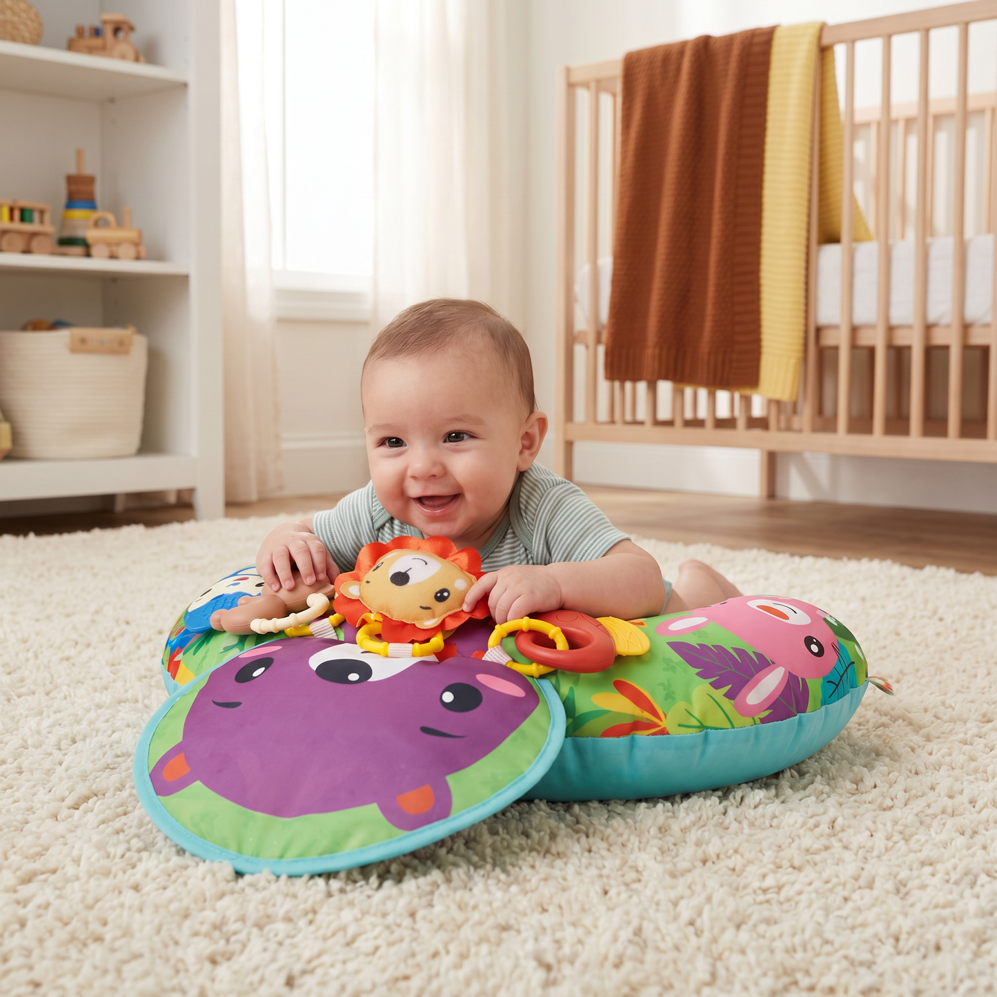 Almohada de Entrenamiento para Bebés para el Tiempo Boca Abajo con Arco de Juego – Apoya el Desarrollo Sensorial y el Crecimiento Temprano