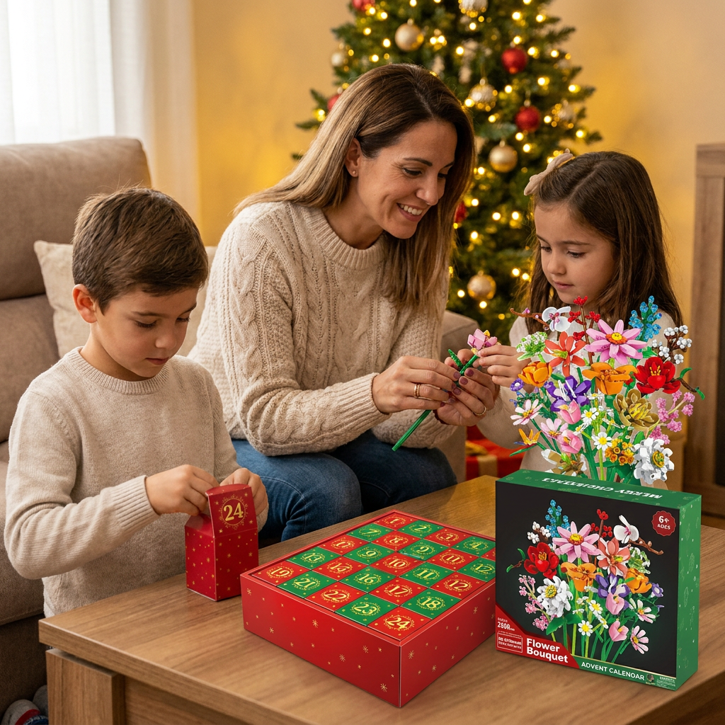 Calendario De Adviento Navideño Con Ramo De Flores De Bloques De Construcción
