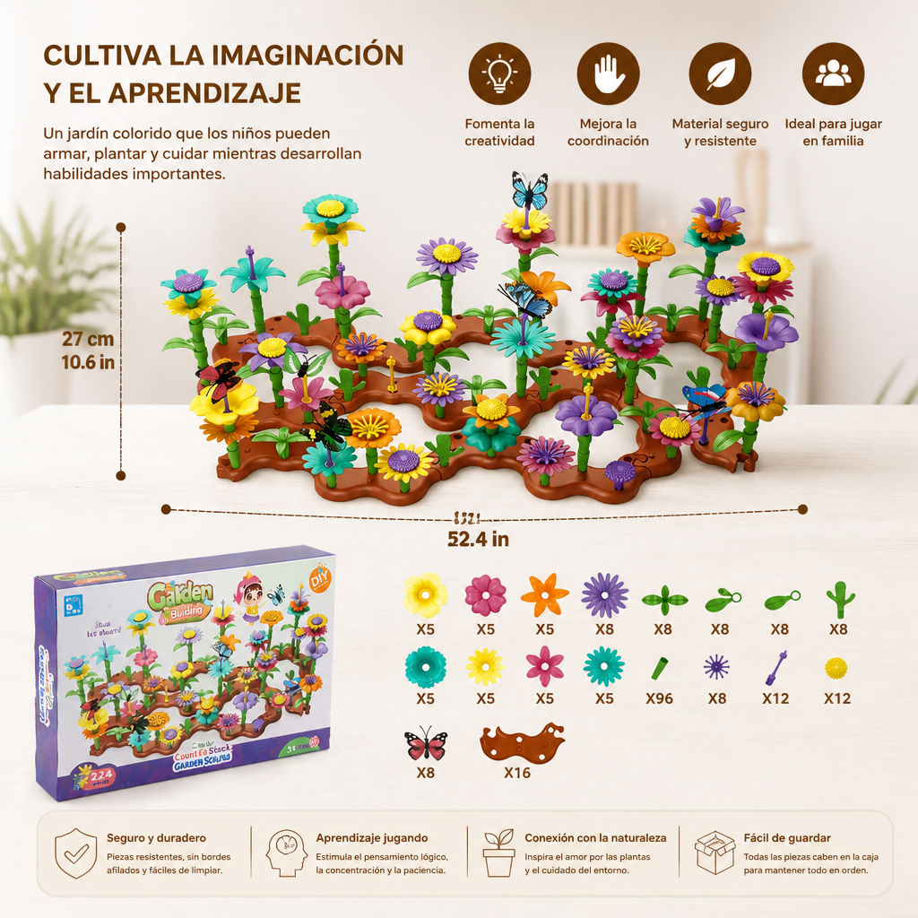 Juego de construcción de jardín de flores para niños – juguete creativo de plantación y aprendizaje para pequeños jardineros