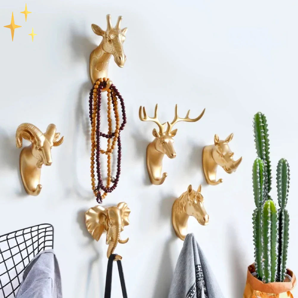 Lujoso Gancho de Pared Dorado con Cabeza de Animal para Llaves