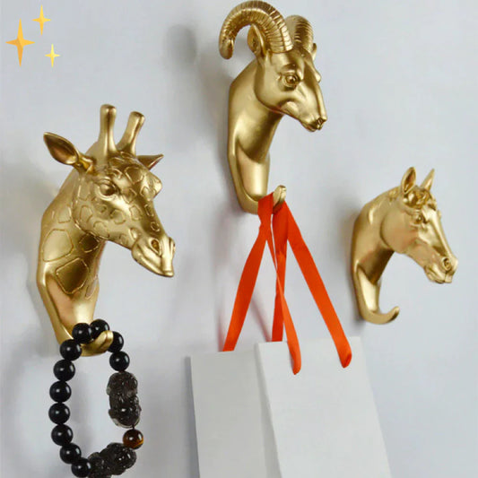 Lujoso Gancho de Pared Dorado con Cabeza de Animal para Llaves