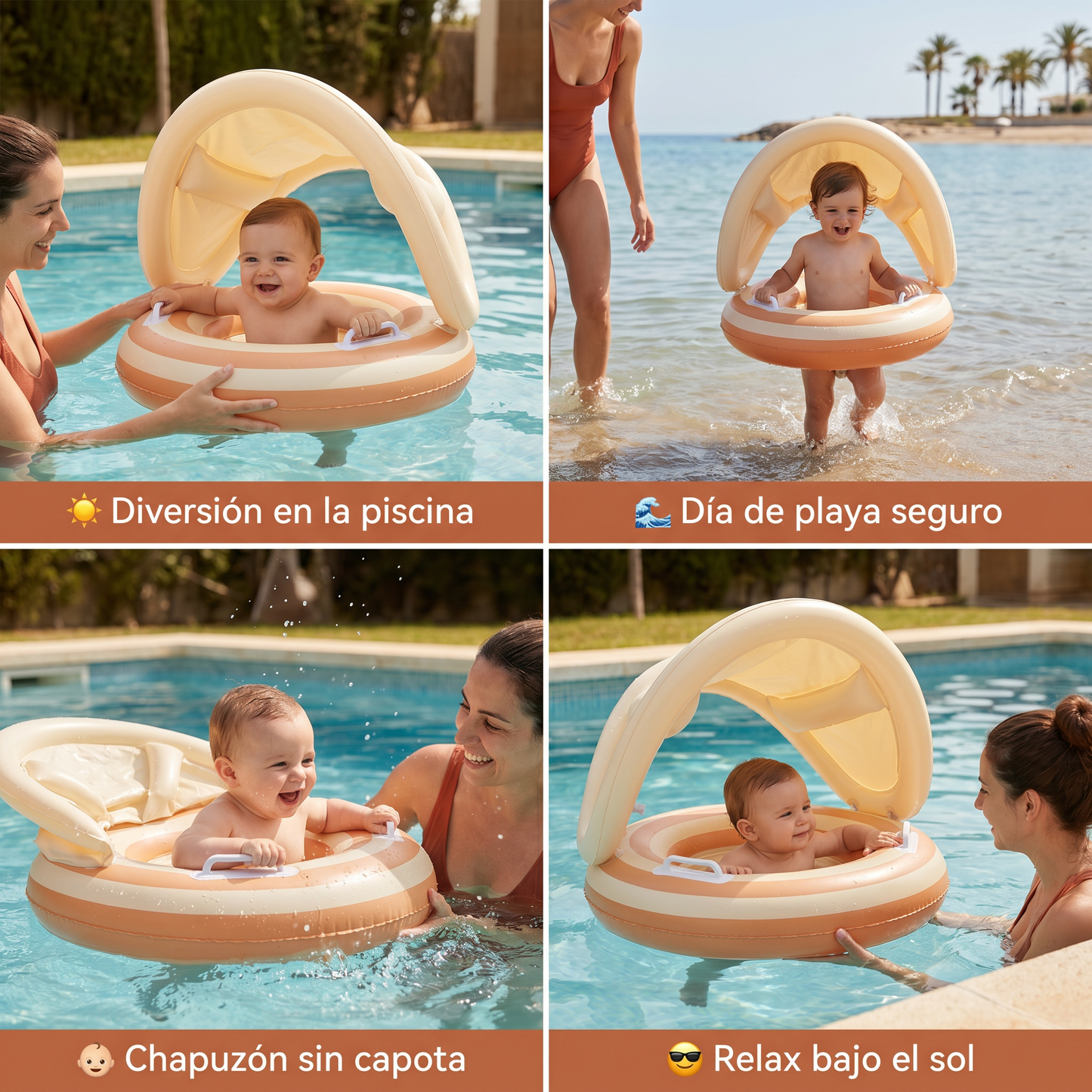 Anillo de natación para bebé con rayas retro inflable y capota solar desmontable – Asiento seguro para bebés de 6 a 36 meses