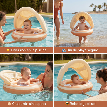 Anillo de natación para bebé con rayas retro inflable y capota solar desmontable – Asiento seguro para bebés de 6 a 36 meses
