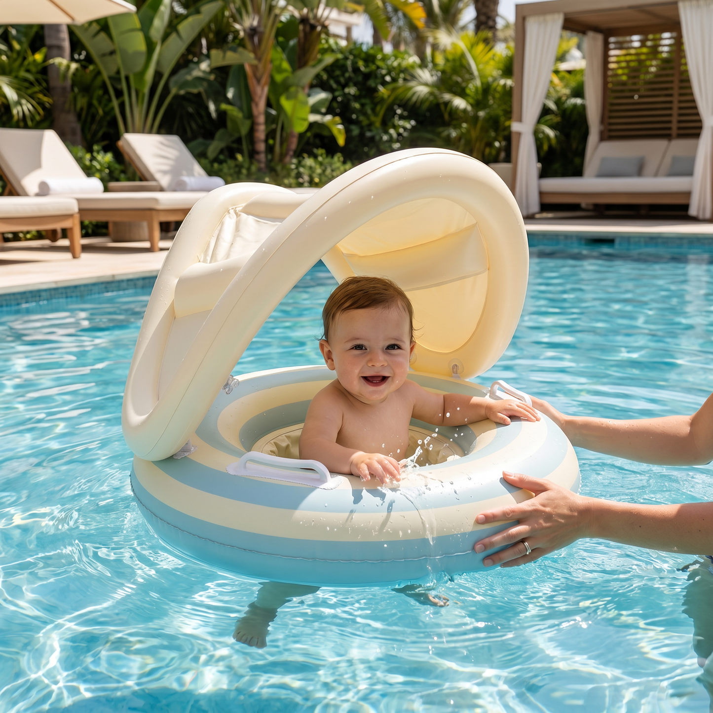 Anillo de natación para bebé con rayas retro inflable y capota solar desmontable – Asiento seguro para bebés de 6 a 36 meses