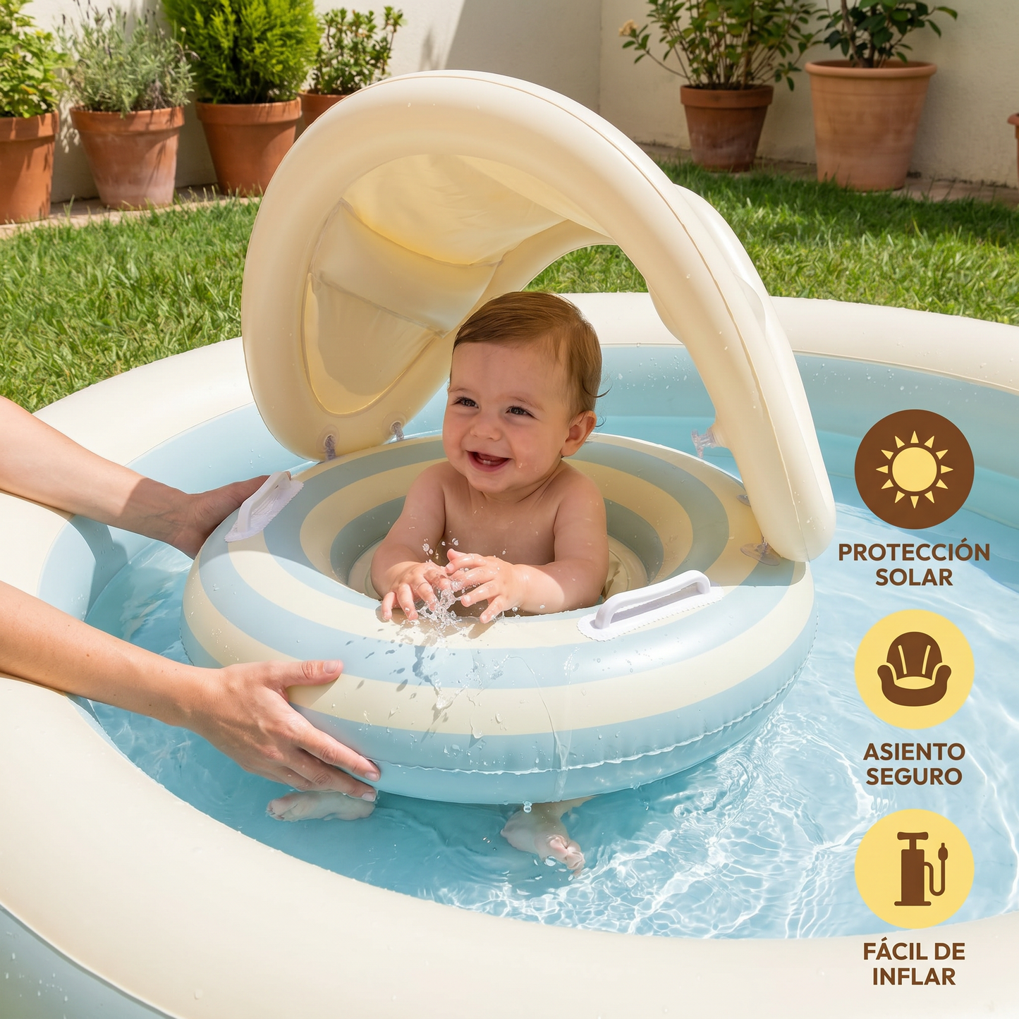 Anillo de natación para bebé con rayas retro inflable y capota solar desmontable – Asiento seguro para bebés de 6 a 36 meses