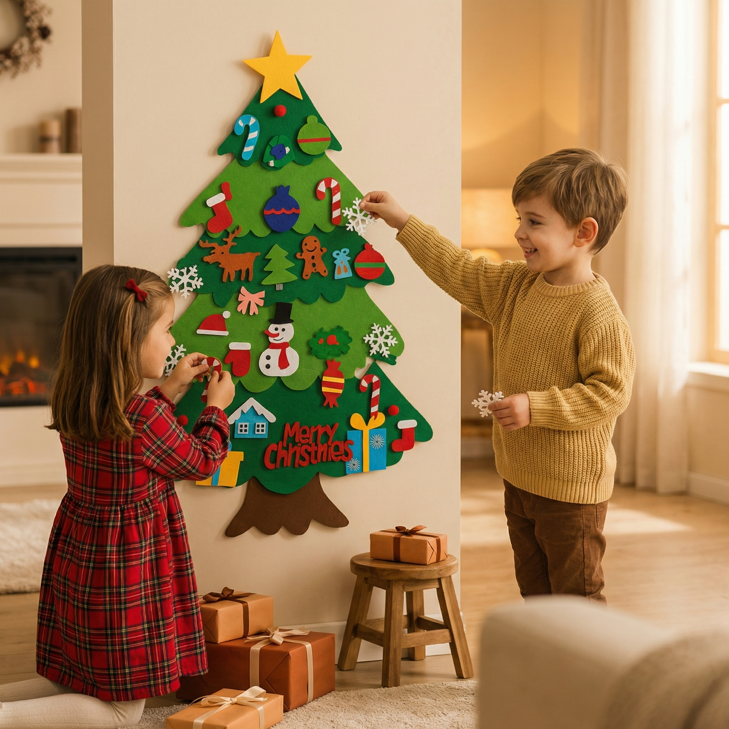 Árbol de Navidad de fieltro DIY para niños | Decoración de pared segura con adornos desmontables para jugar y divertirse en vacaciones