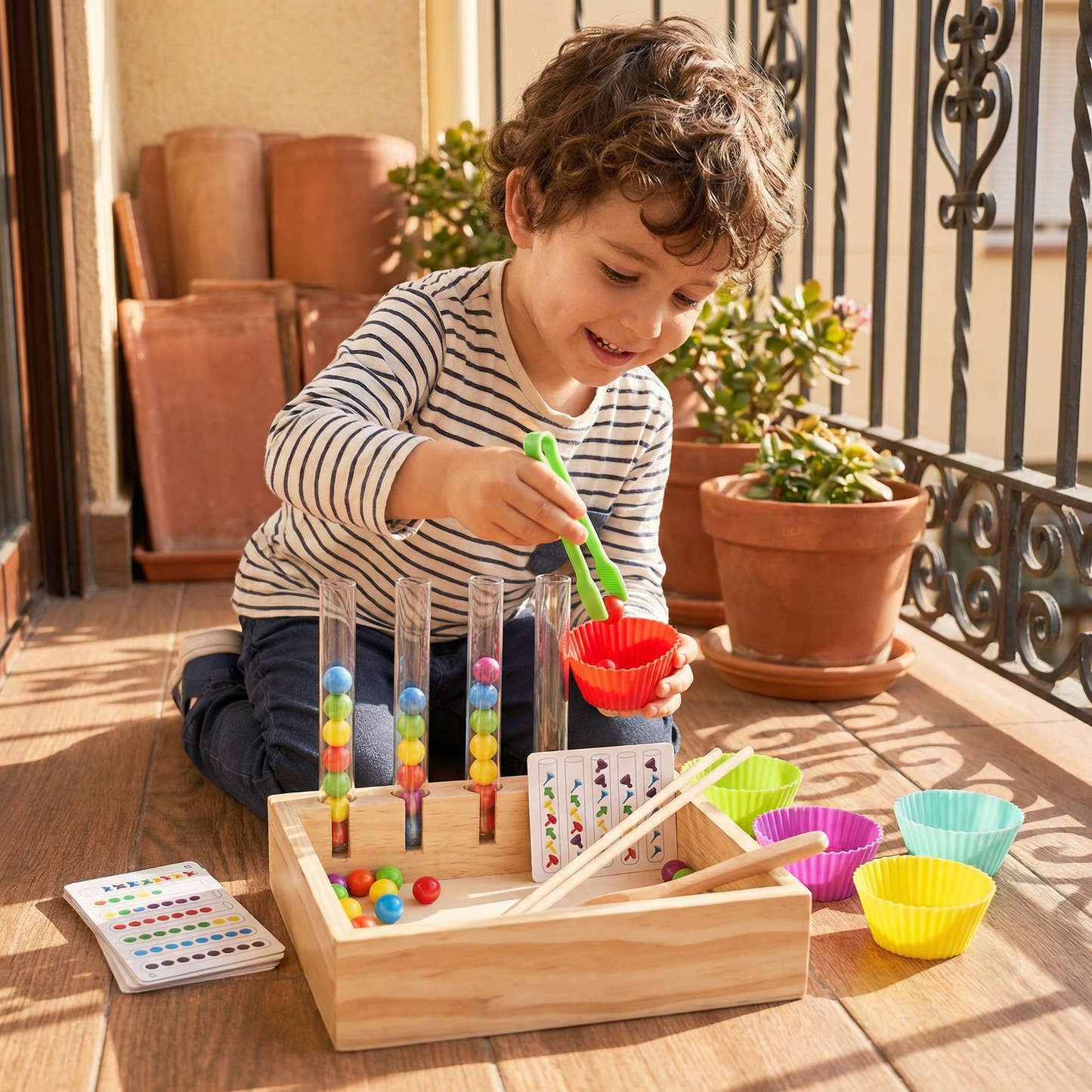 Juego y set de aprendizaje Montessori con tubos de ensayo de colores y números