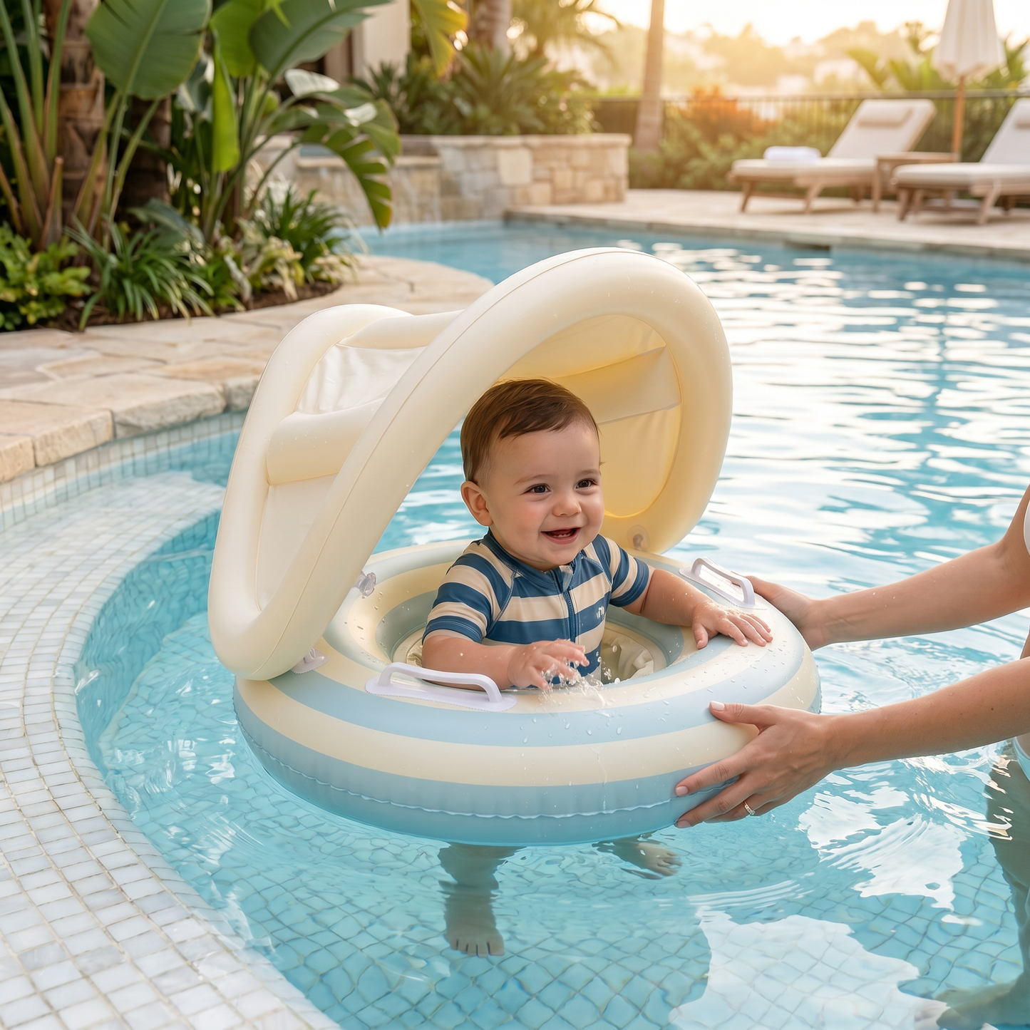 Anillo de natación para bebé con rayas retro inflable y capota solar desmontable – Asiento seguro para bebés de 6 a 36 meses